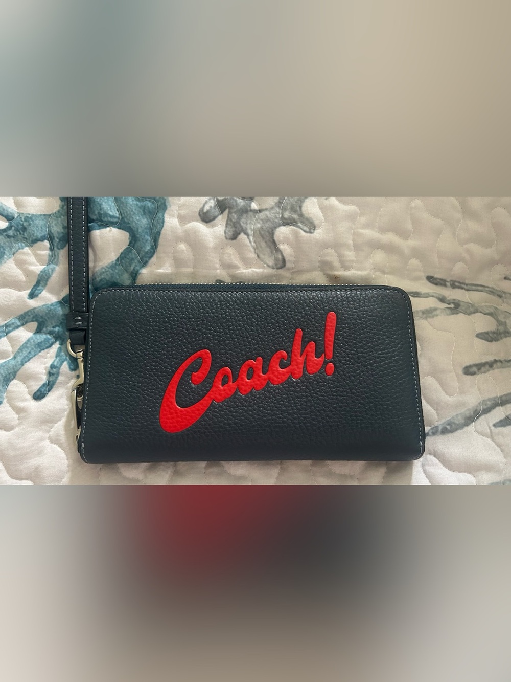 Coach Navy Leather Wristlet with Red Script Logo